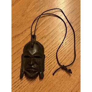 Antique Vintage African Tribal Hand Carved Wooden Mask Head Pendant Necklace VTG